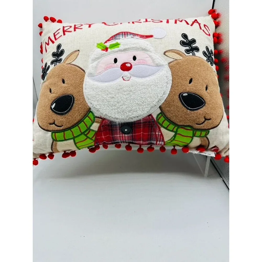 Merry Christmas Pillow Santa Reindeer Pom Pom Decorative Throw Cushion Holiday